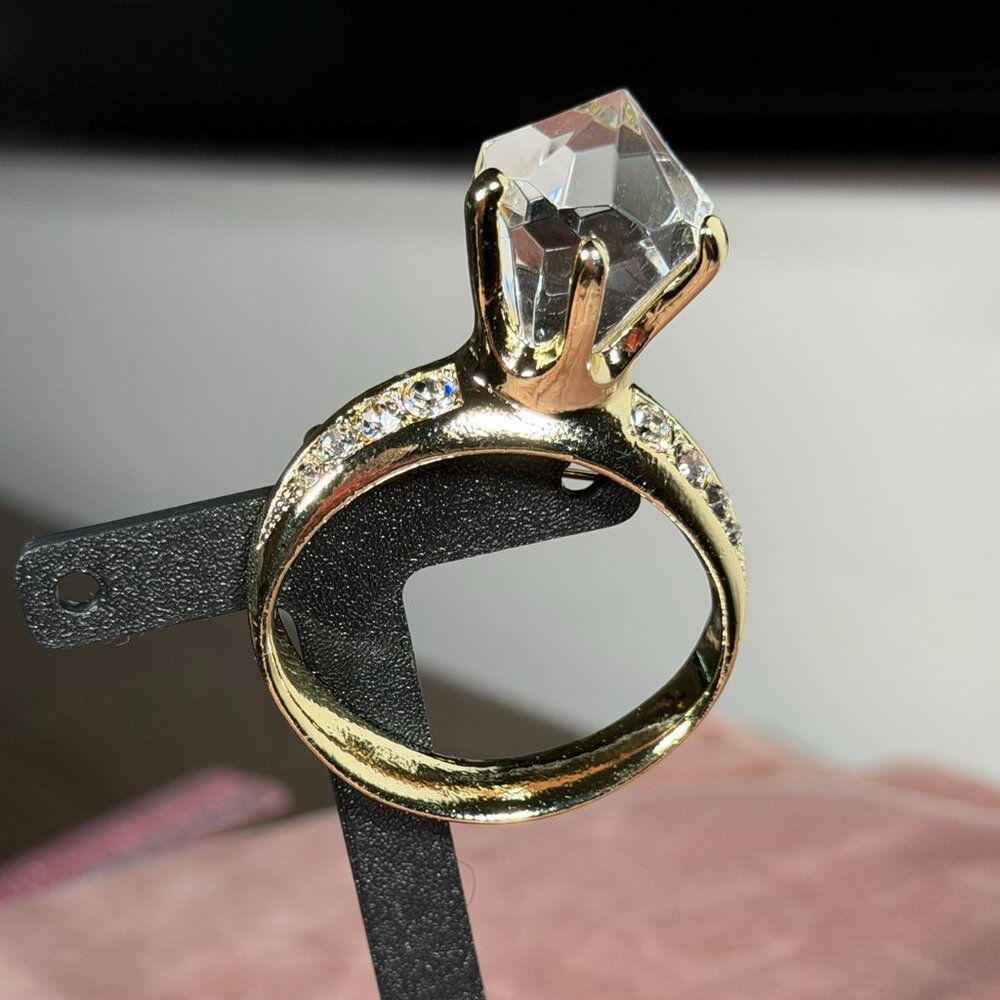 Vintage AJC Engagement Ring Brooch – Gold Tone & Rhinestones